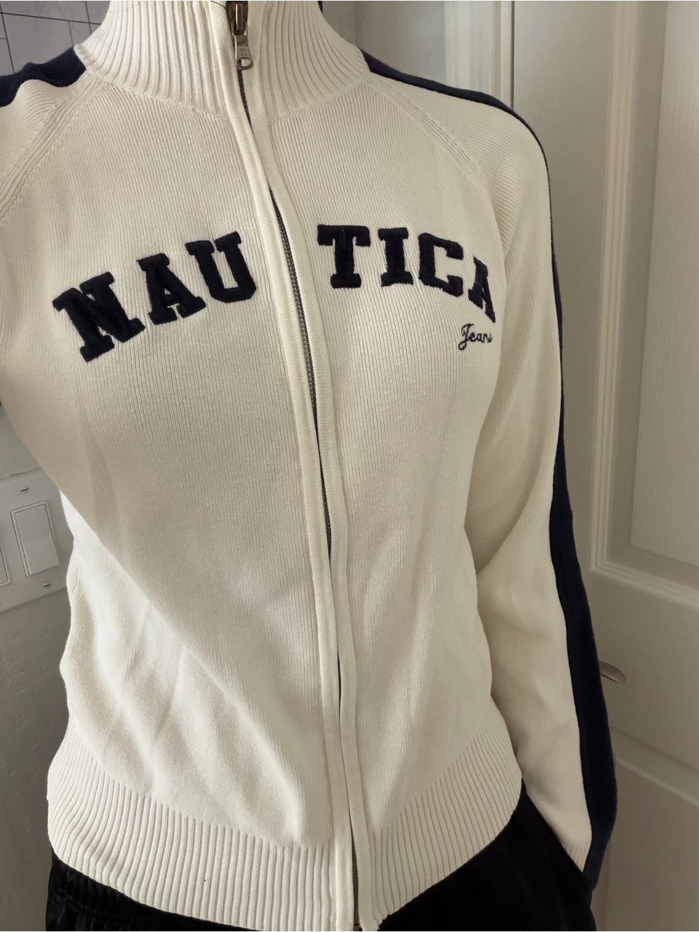 Nautica Cream and Navy Full-Zip Knit Jacket